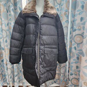 Landsend Long Black Puffer Coat with Faux Fur Collar